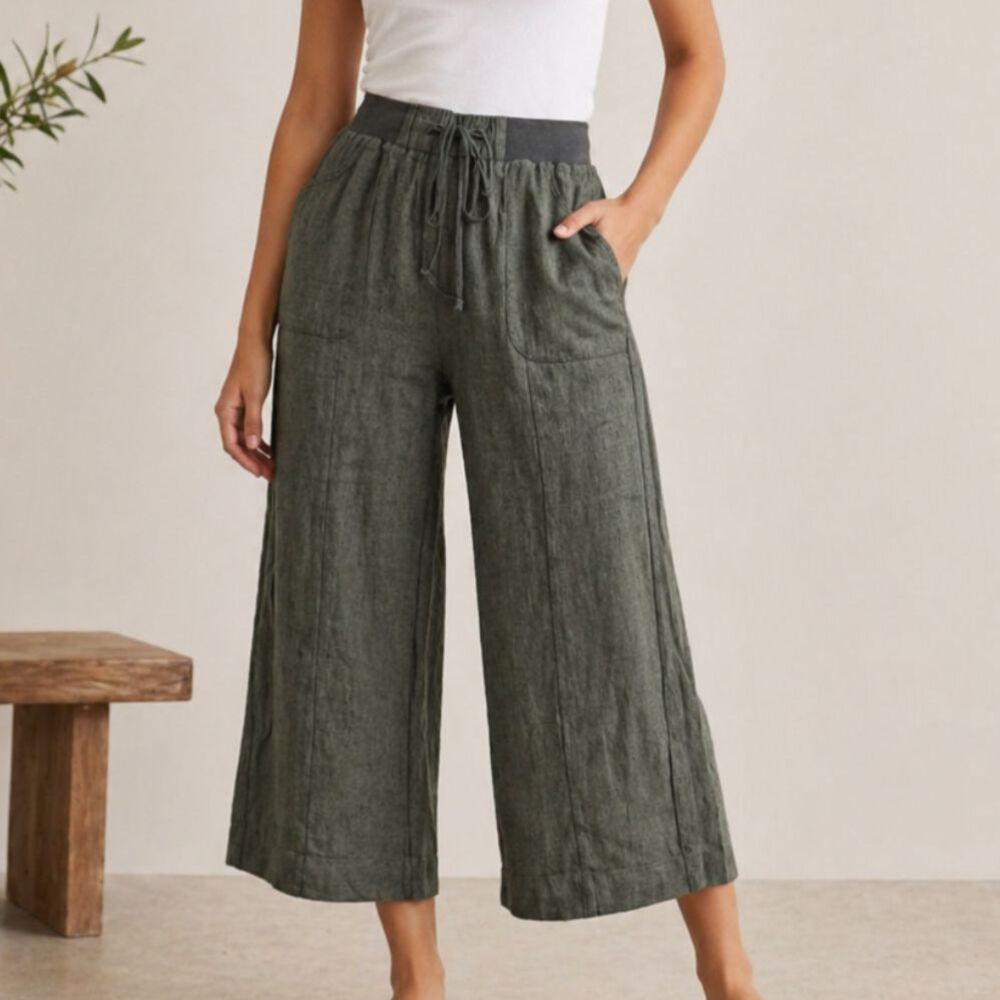 Chicos Linen Crop Pants Sz 1 Med Wide Leg Olive Green Minimalist Peasant Granola